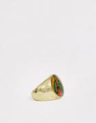 Asos Design Signet Ring With Religious Design In Burnished Gold Tone - Gold