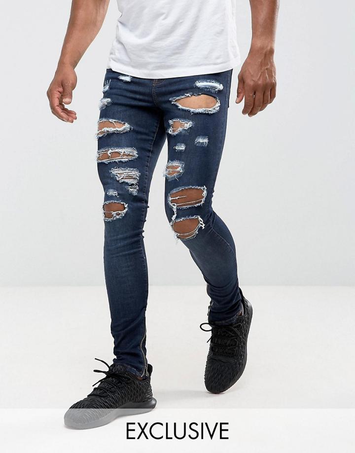Granted Super Skinny Jeans In Dark Blue With Distressing And Zip Ankle - Blue