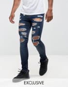 Granted Super Skinny Jeans In Dark Blue With Distressing And Zip Ankle - Blue