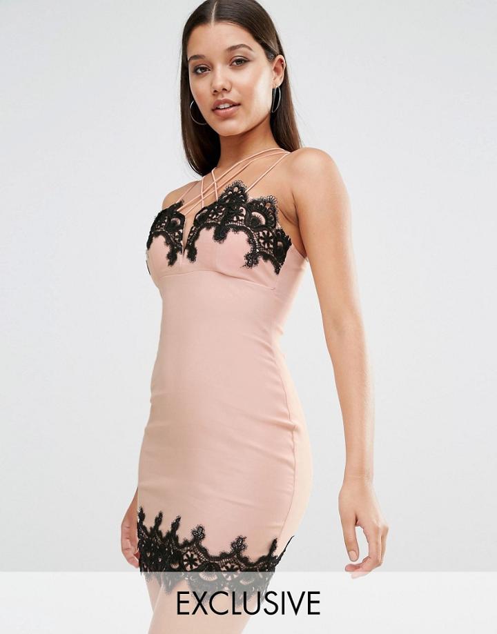 Rare London Lace Trim Bodycon Dress With Cross Front