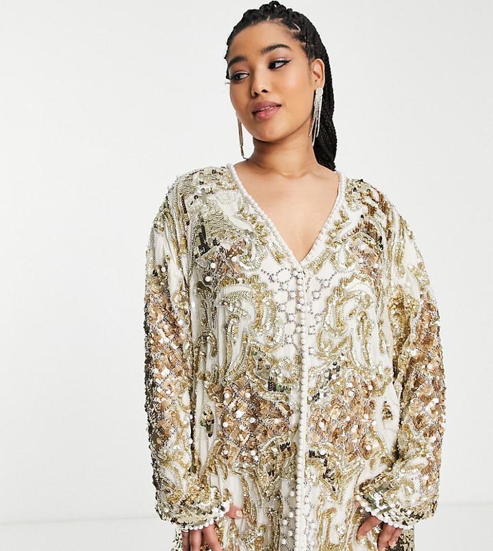 Asos Edition Curve Pearl Placement Jacket With Grid Detail In Gold