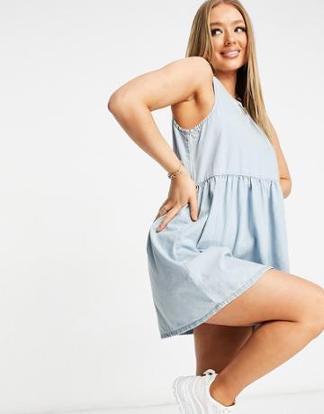 In The Style Sleeveless Denim Smock Dress In Blue-blues