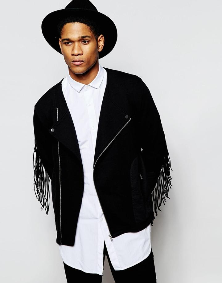 Asos Jersey Biker Jacket With Fringing In Black - Black