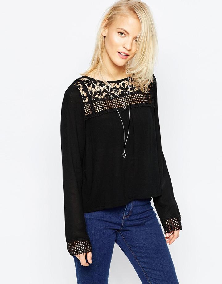 Brave Soul Long Sleeve Blouse With Crochet Yoke - Black