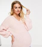 Asos Design Maternity V-neck Fluffy Sweater In Dusky Pink
