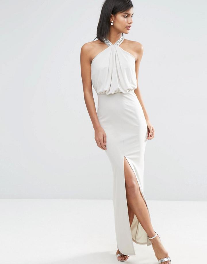 Asos Halterneck Embellished Drape Front Maxi Dress - Silver