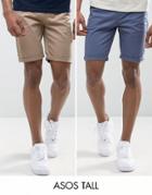 Asos Tall 2 Pack Slim Chino Shorts In Stone & Blue Save - Multi