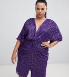 Little Mistress Plus All Over Sequin Knot Front Midi Dress In Purple - Purple
