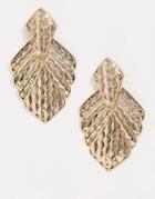 Asos Design Earrings In Feather Texture With Engraved Drop In Gold Tone