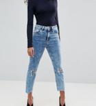 Asos Petite Farleigh High Waist Slim Mom Jeans In Pine Mottled Wash With Busts - Blue