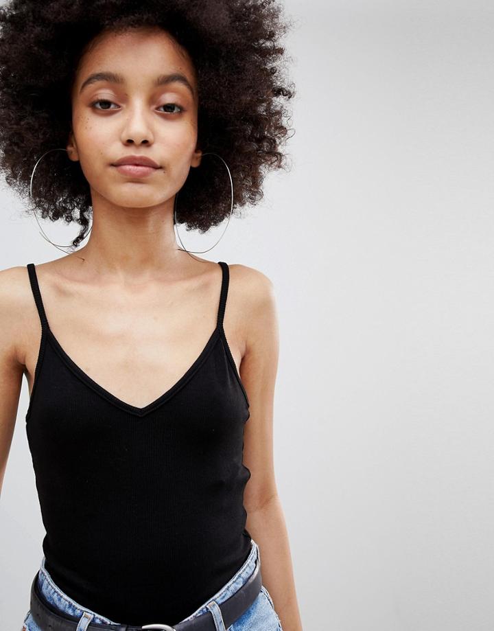 Bershka Ribbed Crop Cami Top - Black