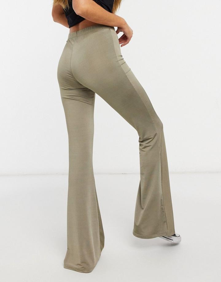 Topshop Slinky Flared Pants In Khaki-green