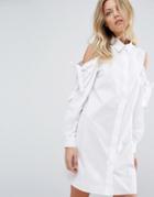 Asos Cotton Shirt Dress With Cold Shoulder And Tie Detail - White