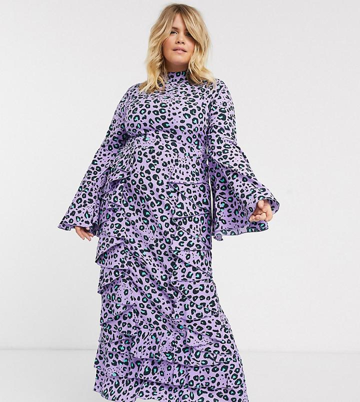 Verona Curve Long Sleeve Maxi Tea Dress In Lilac Leopard Print