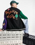 Asos Daysocial Oversized Color Block Bomber Jacket With Prints And Applique Badges In Black