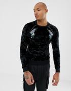 Asos Design Muscle Sweatshirt In Velour With Floral Embroidery And Gold Piping - Black