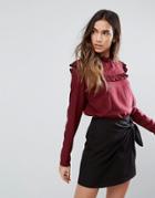 Vila High Neck Blouse With Frill Detail - Red