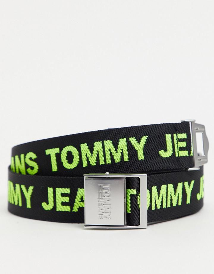 Tommy Jeans Woven Belt With Yellow Logo In Black