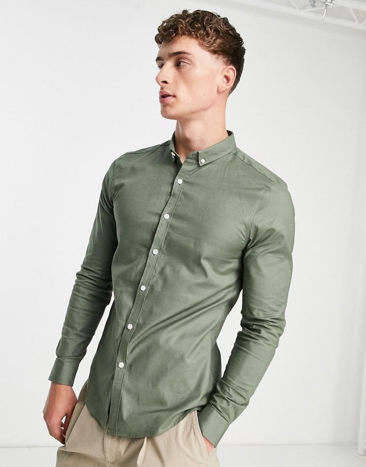 New Look Smart Long Sleeve Muscle Fit Oxford Shirt In Khaki-green
