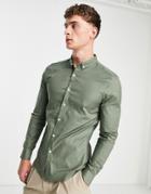 New Look Smart Long Sleeve Muscle Fit Oxford Shirt In Khaki-green