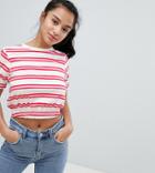 Asos Design Petite Crop T-shirt With Shirred Hem And Cuffs In Stripe - Multi