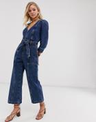 & Other Stories Deep V Denim Jumpsuit With Tie Waist In Blue