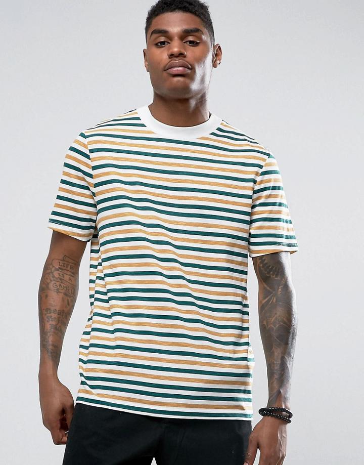 Asos Relaxed Stripe T-shirt With Deep Neck Trim In Slub Fabric - White