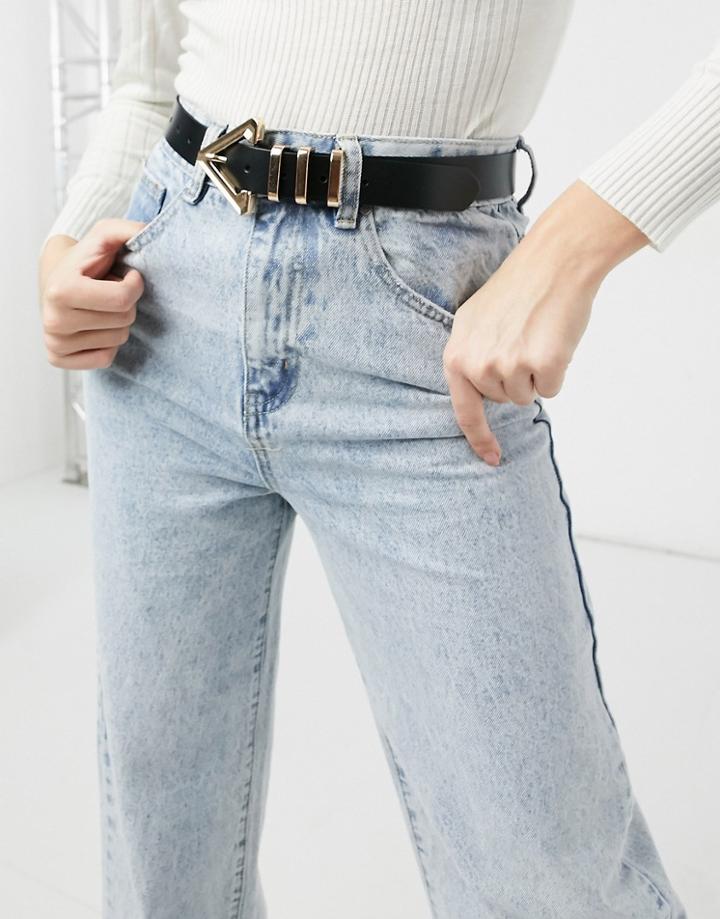 Asos Design Leather Waist And Hip Jeans Belt With Triangle Buckle And Metal Keepers-black