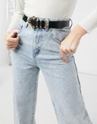 Asos Design Leather Waist And Hip Jeans Belt With Triangle Buckle And Metal Keepers-black