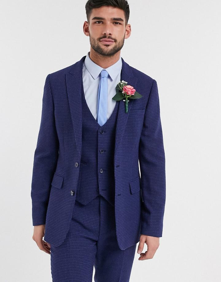 Asos Design Wedding Skinny Suit Jacket In Blue Wool Blend Micro Houndstooth-blues