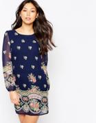 Yumi Long Sleeve Rose Print Shift Dress - Navy