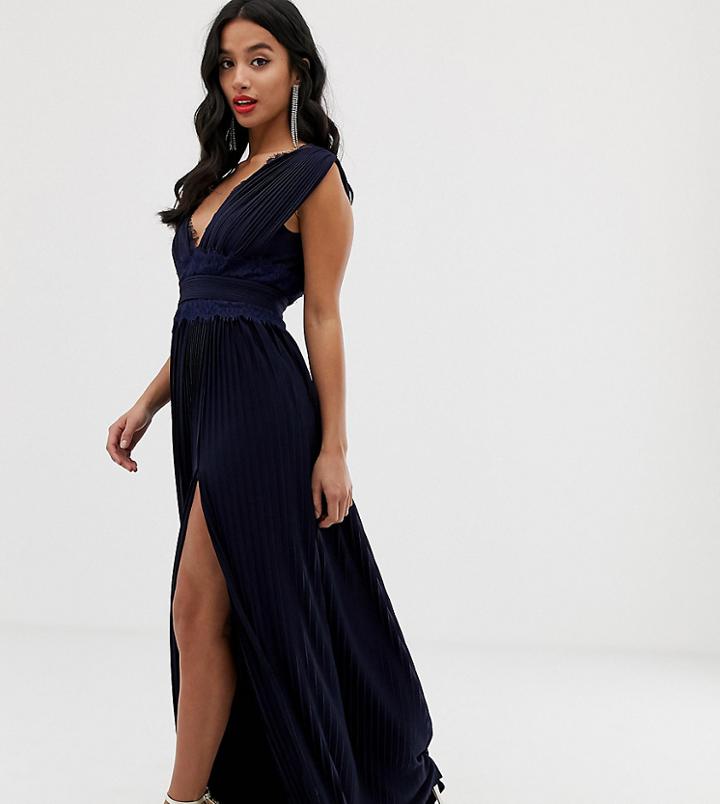 Asos Design Petite Premium Lace Insert Pleated Maxi Dress-navy