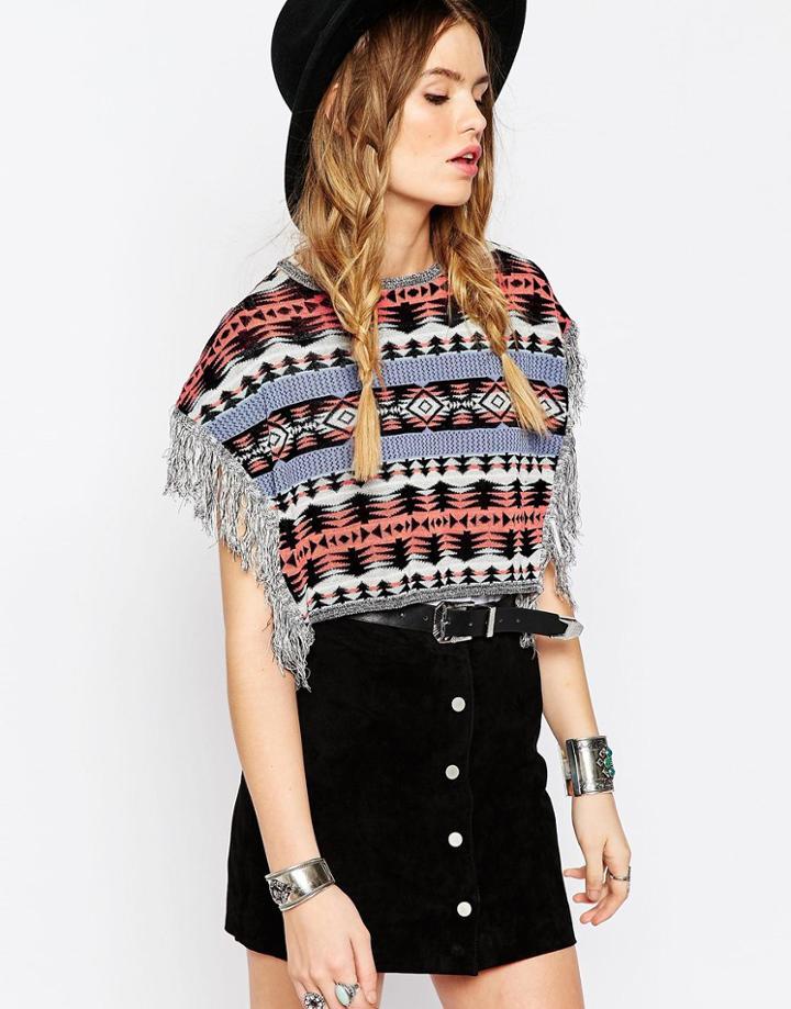 Asos Geo-tribal Mini Cape With Side Fringe - Multi