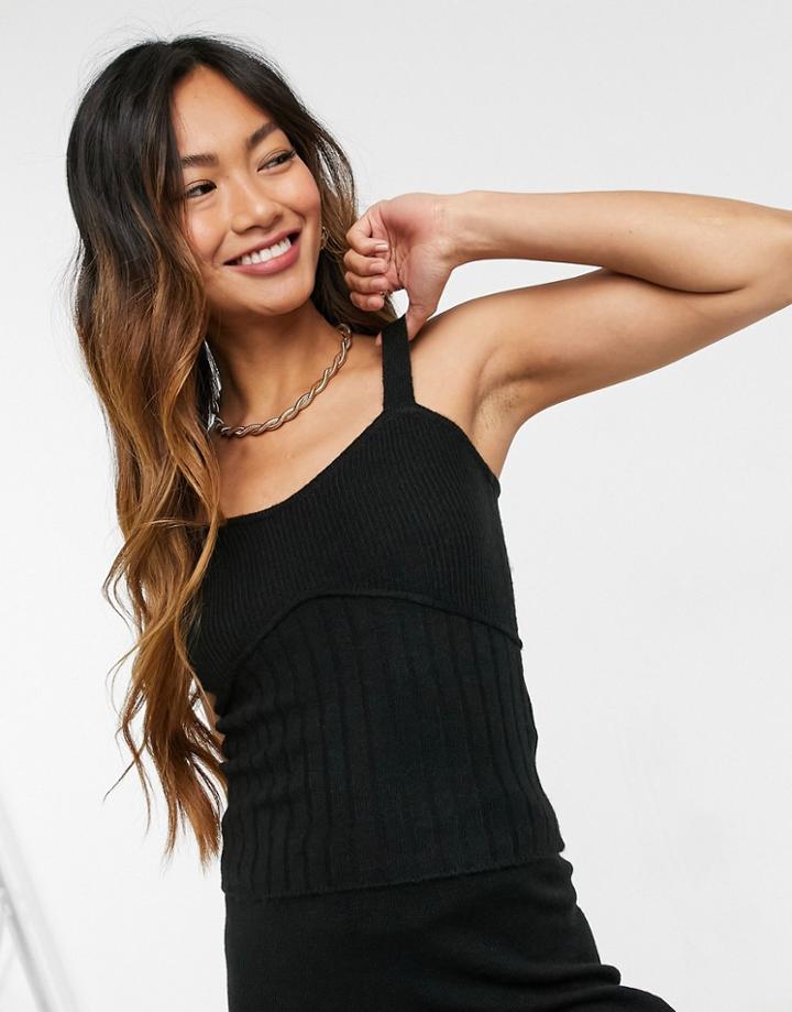 Asos Design Knitted Cami Set With Rib Detail In Black
