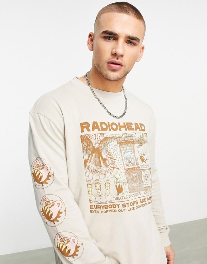 Bershka 'radiohead' Print Long Sleeve T-shirt In Tan-brown