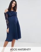 Asos Maternity Occasion Cold Shoulder Lace Midi Dress - Navy