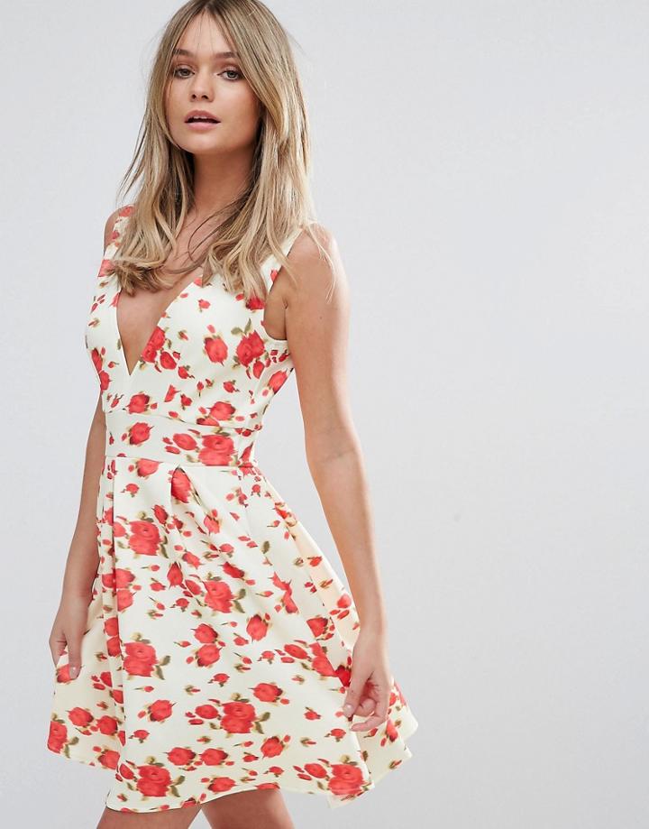 Oh My Love Deep V Scuba Skater Dress - Pink
