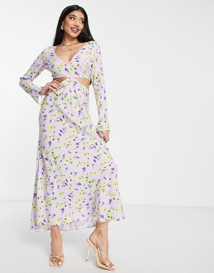 Asos Design Cut Out Side Maxi Dress In Lilac Floral Print-multi