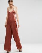 Asos Cami Satin Jumpsuit With Wide Leg - Brown