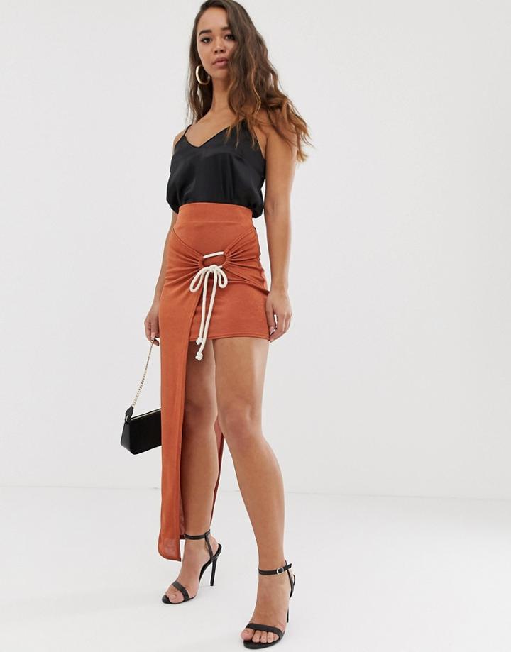 Asos Design Slinky Twist Front Maxi Skirt With Rope Tie-orange