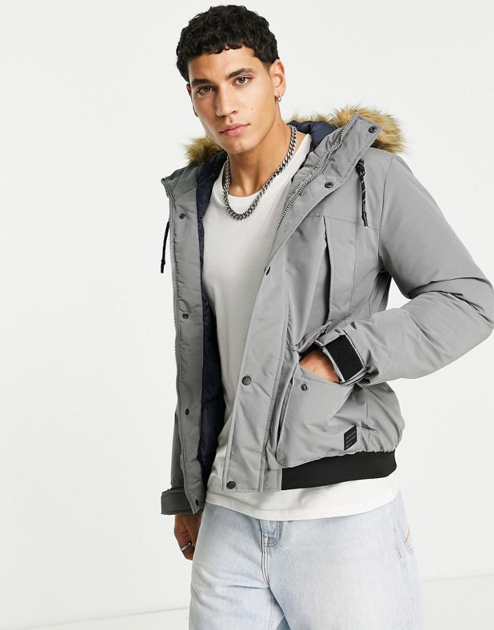 Jack & Jones Originals Short Parka With Faux Fur Hood In Gray-grey