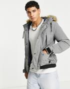Jack & Jones Originals Short Parka With Faux Fur Hood In Gray-grey