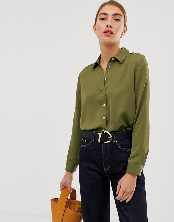 Stradivarius Satin Shirt In Green - Green
