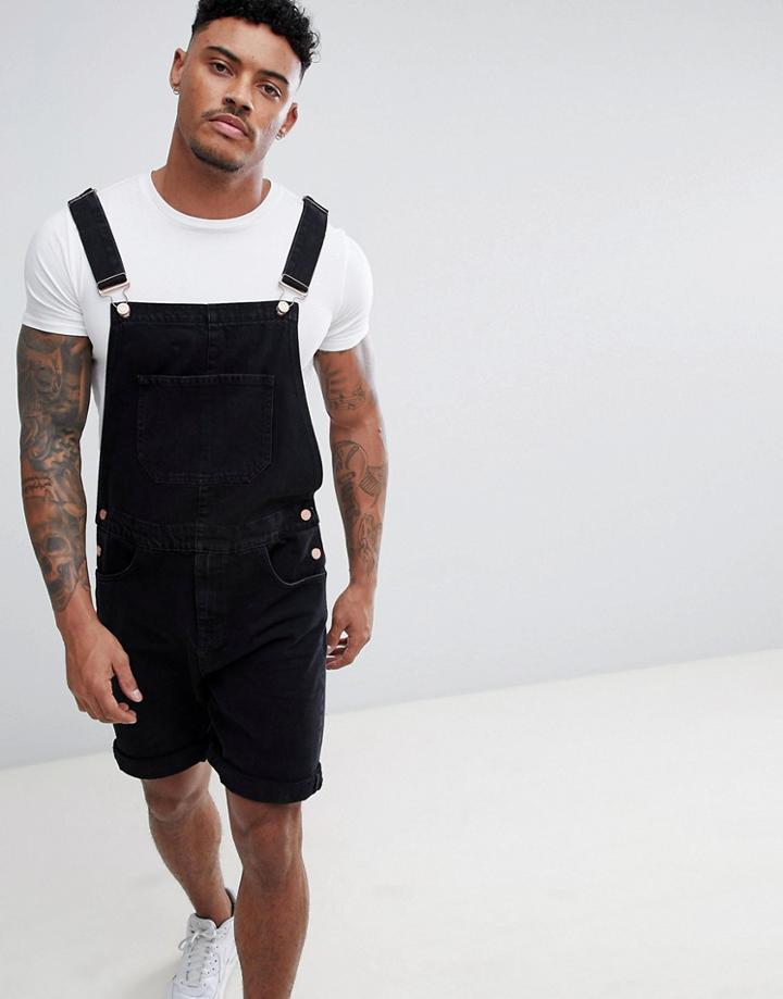 Asos Design Denim Short Overalls In Black - Black