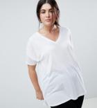Asos Design Curve Oversized Longline T-shirt With V-neck In Lightweight Rib - White