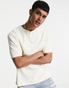 Asos Design Relaxed Fit Short Sleeve Waffle T-shirt With Grandad Collar In Beige-white