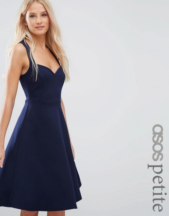 Asos Petite Deep Plunge Scuba Skater Sweetheart Midi Dress - Navy