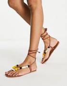 Asos Design Five Islands Leather Beaded Sandals With Ankle Ties In Tan-brown