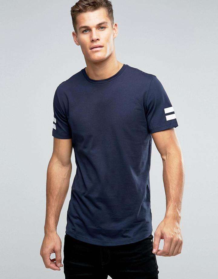 Jack & Jones Longline T-shirt With Curved Hem And Arm Stripes - Navy