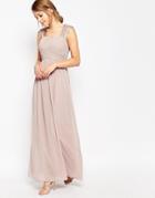 Little Mistress Ruched Bodice Maxi Dress With Lace Sleeves - Mink